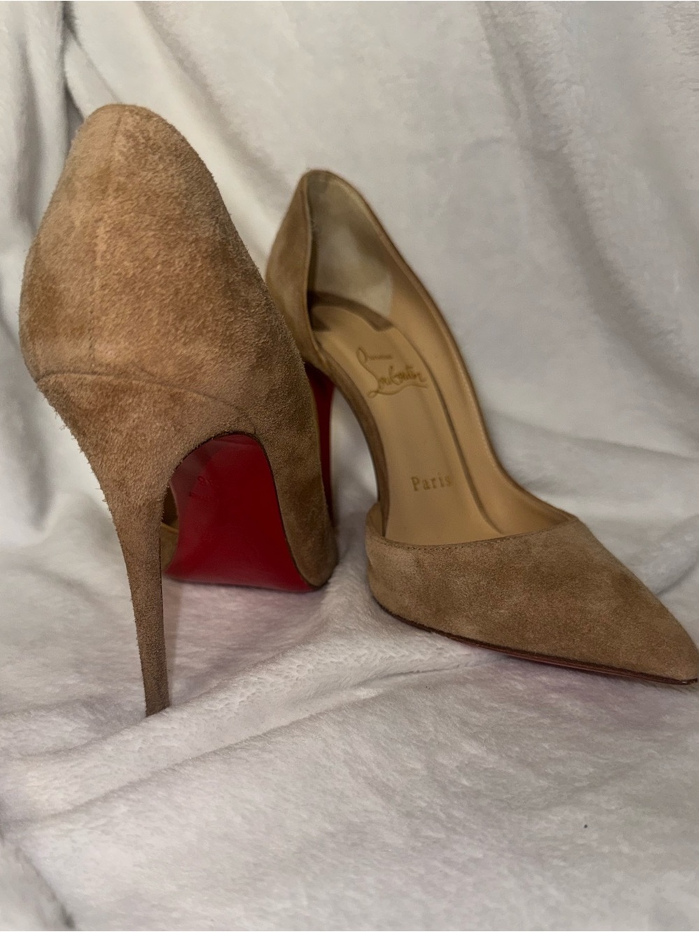 Christian Louboutin Tan Suede Pointed-Toe Pumps with Red Sole